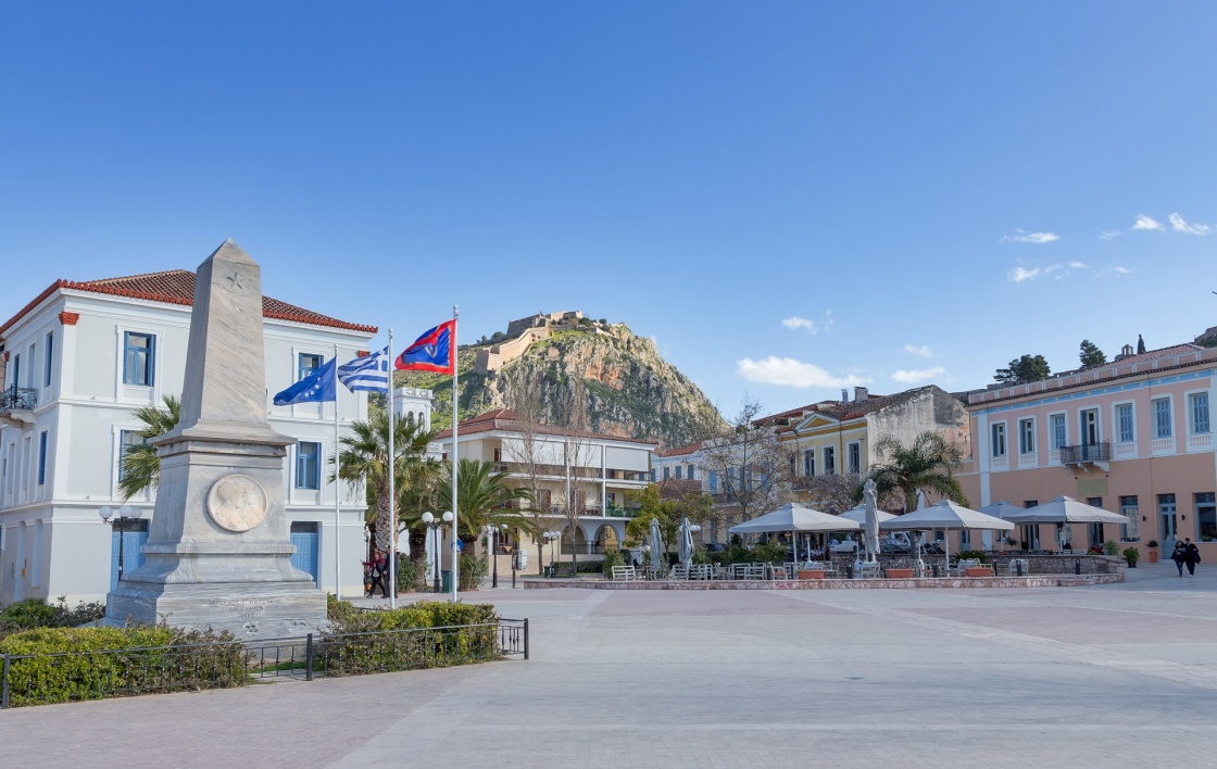 Square of the Philhellenes with Palamidi fortress in background, Nafplio, Greece