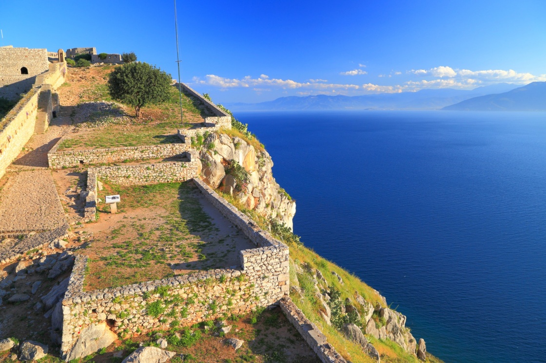 Walls of the Palamidi fortress above Mediterranean sea, Nafplio, Greece